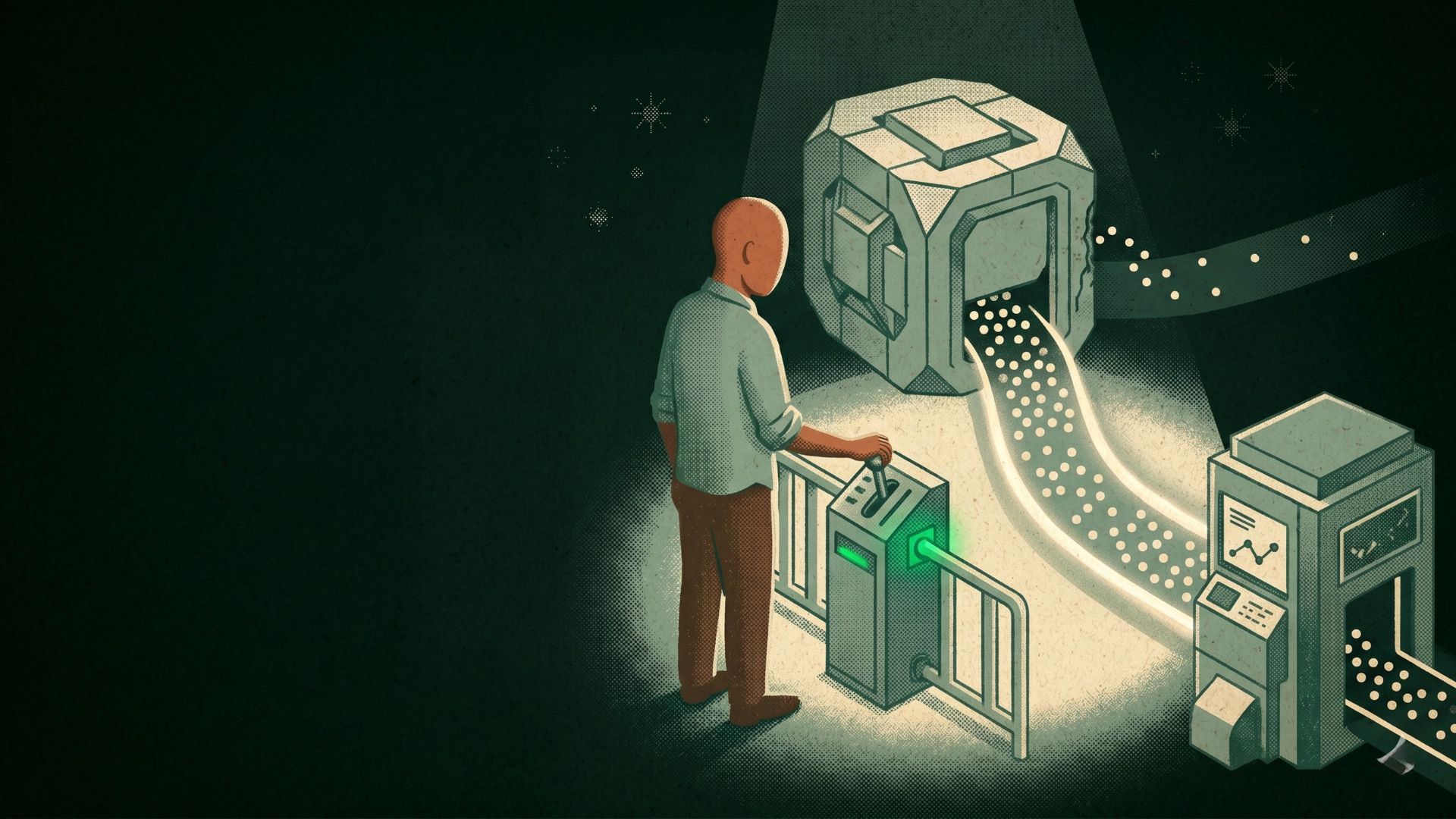 An operator at a gate, watching data pass a green check before it reaches customers.