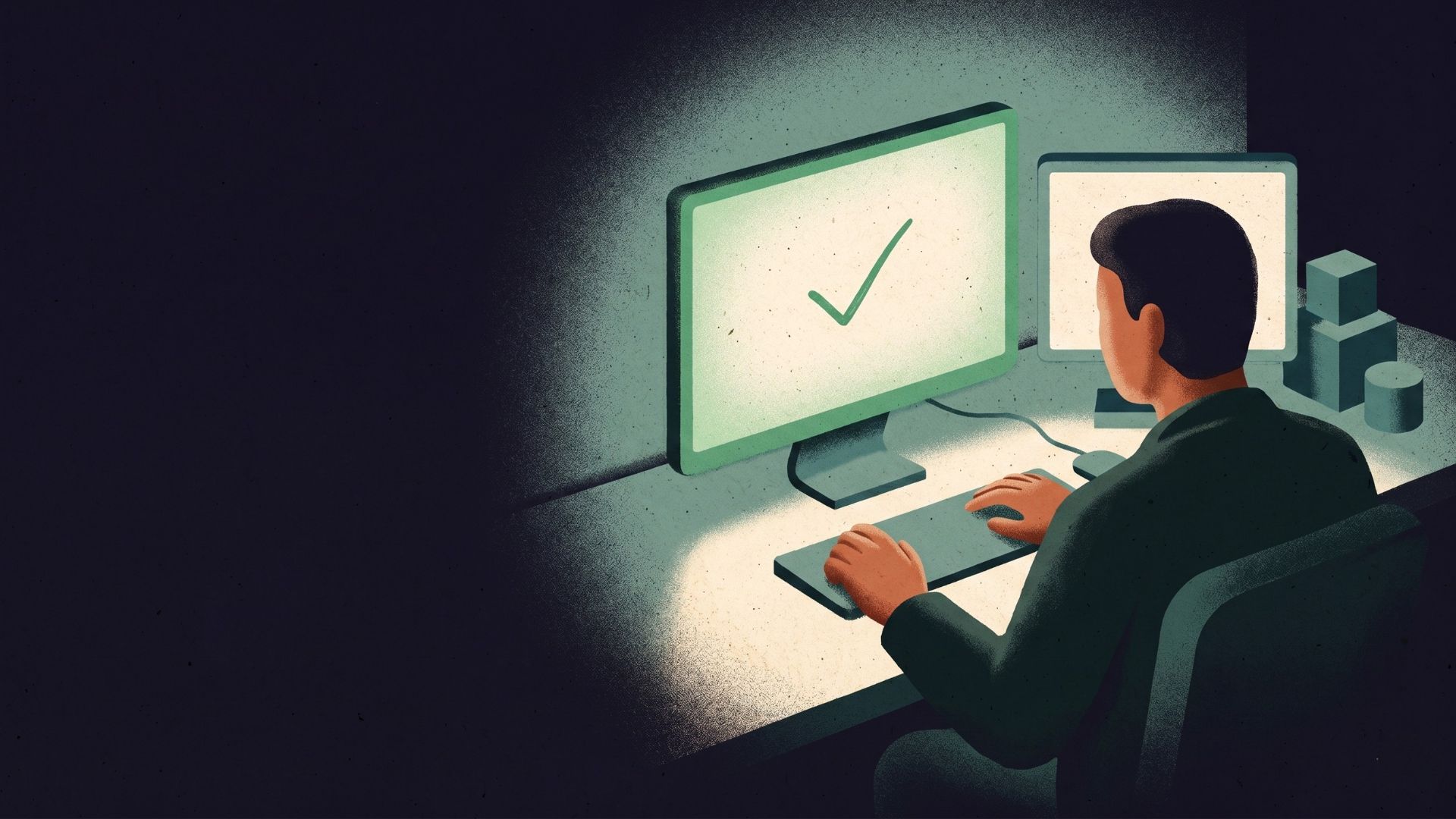 Illustration of an operator reviewing an AI system that has passed its safety check.